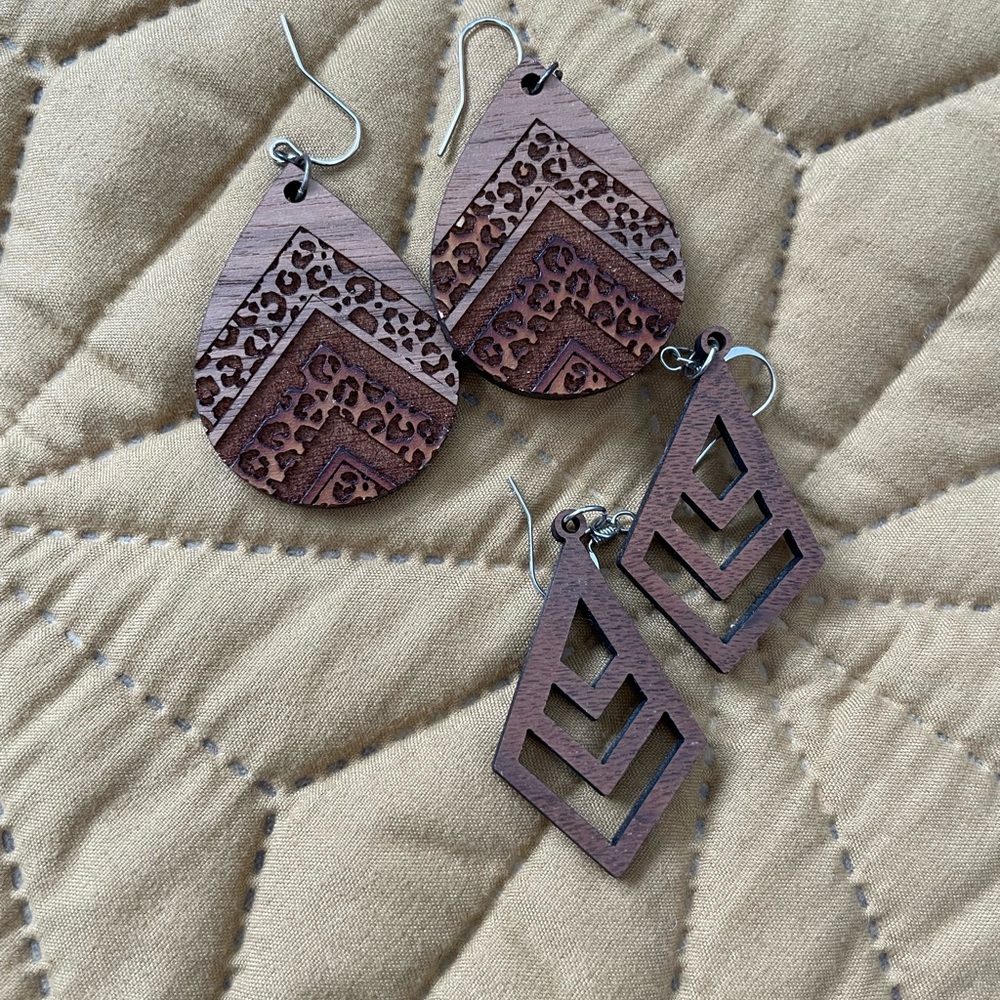 Brown Geometric Wooden Earrings Set of  2 Pairs
